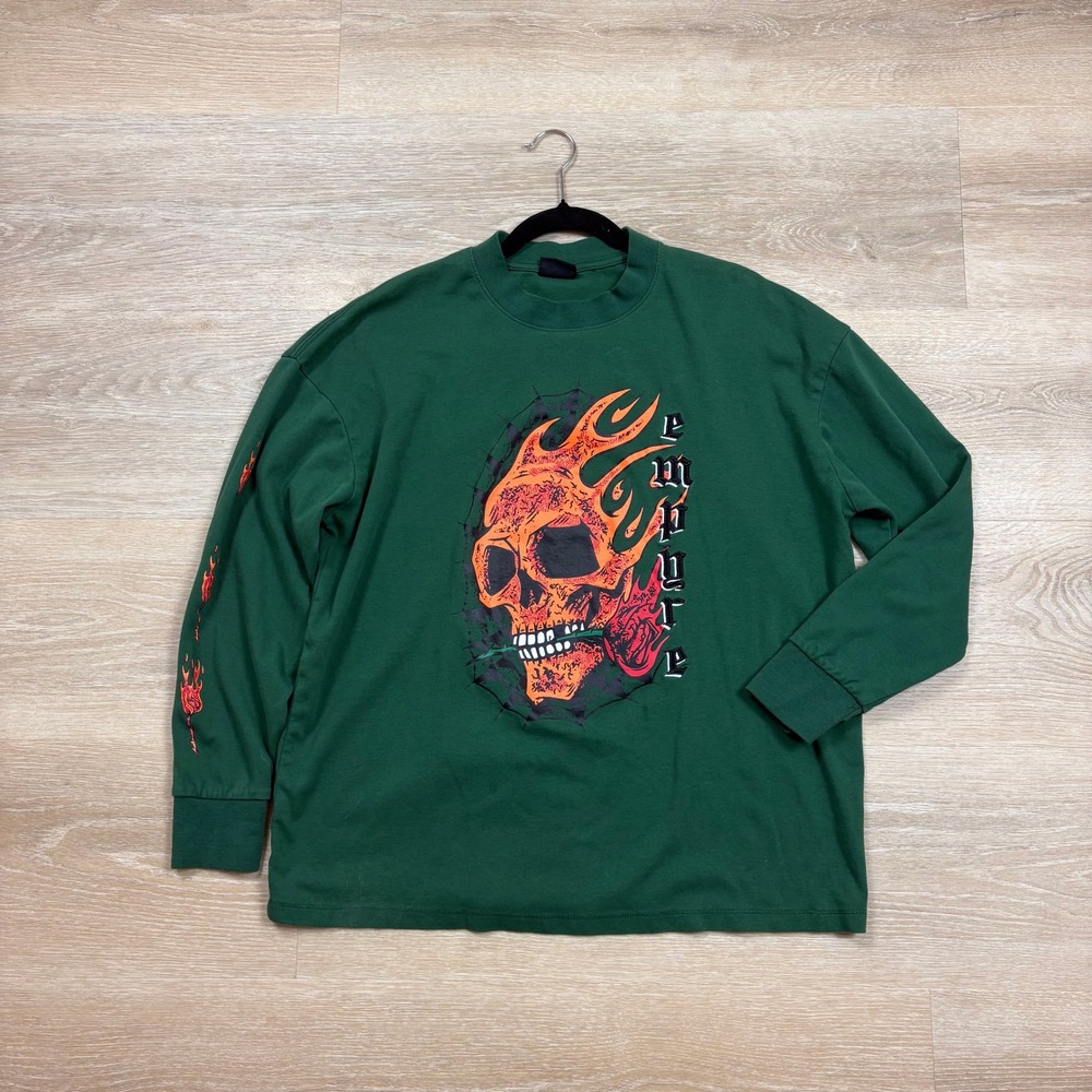 Empyre Flaming Skull Rose Graphic Long Sleeve T-Shirt Men's XL Color Green